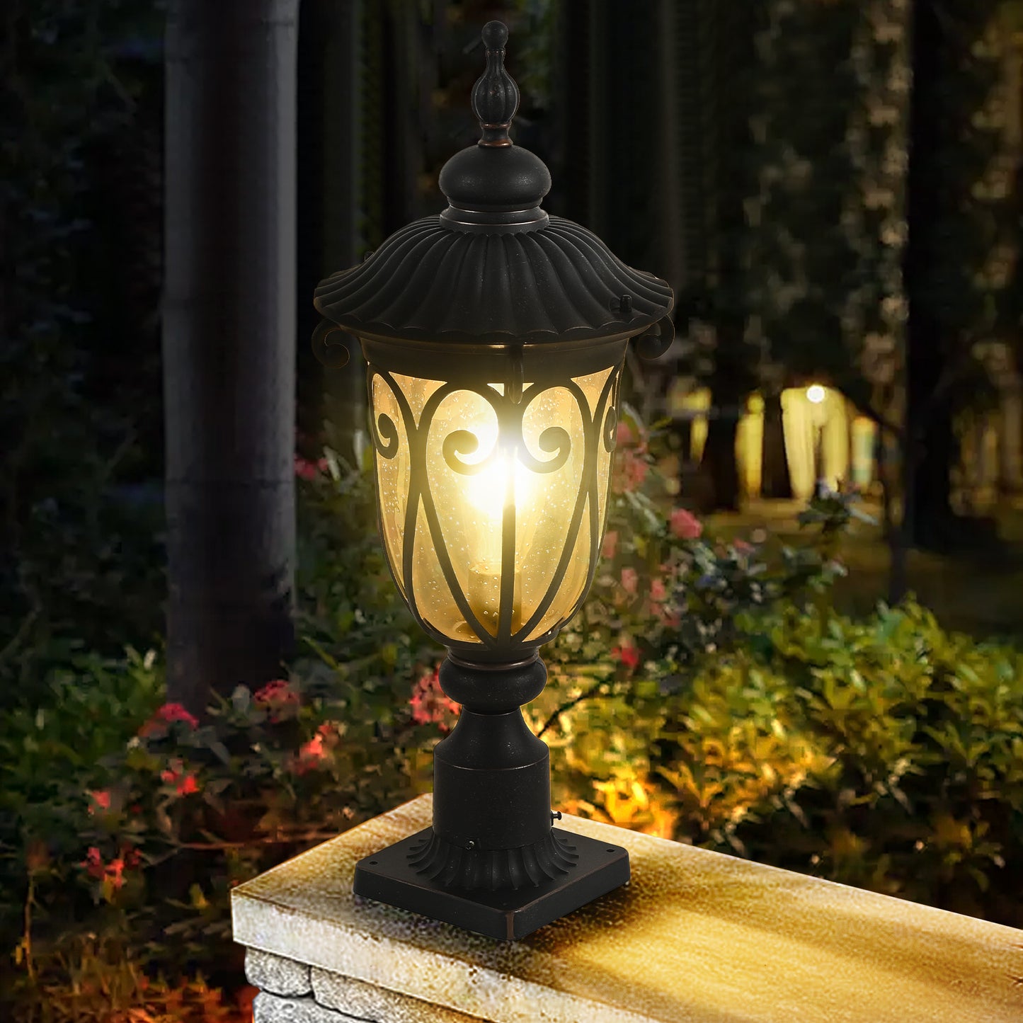 24"H Vintage Black Outdoor Post Light with Bubble Glass