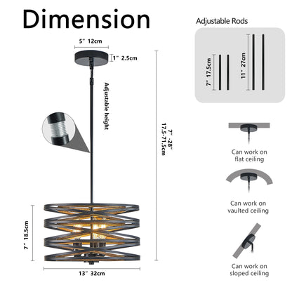 13" 3-Light Black & Walnut Caged Chandelier - view 9