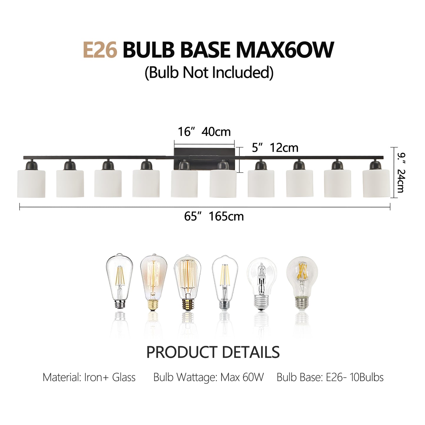 65.4" 10-Light Black Vanity Wall Light with White Glass - view 8