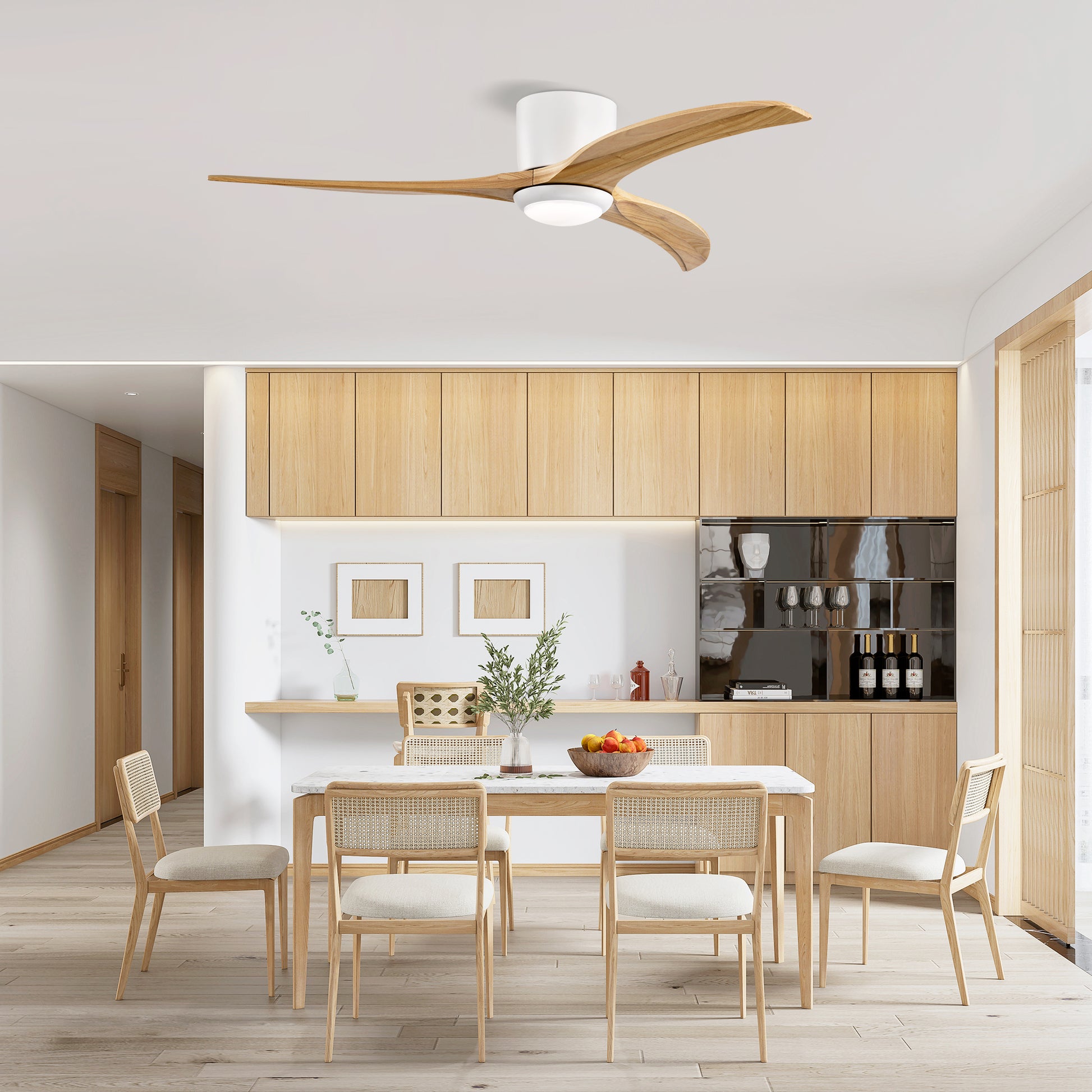 52" Matte White Solid Wood Ceiling Fan with Light & Remote - view 3