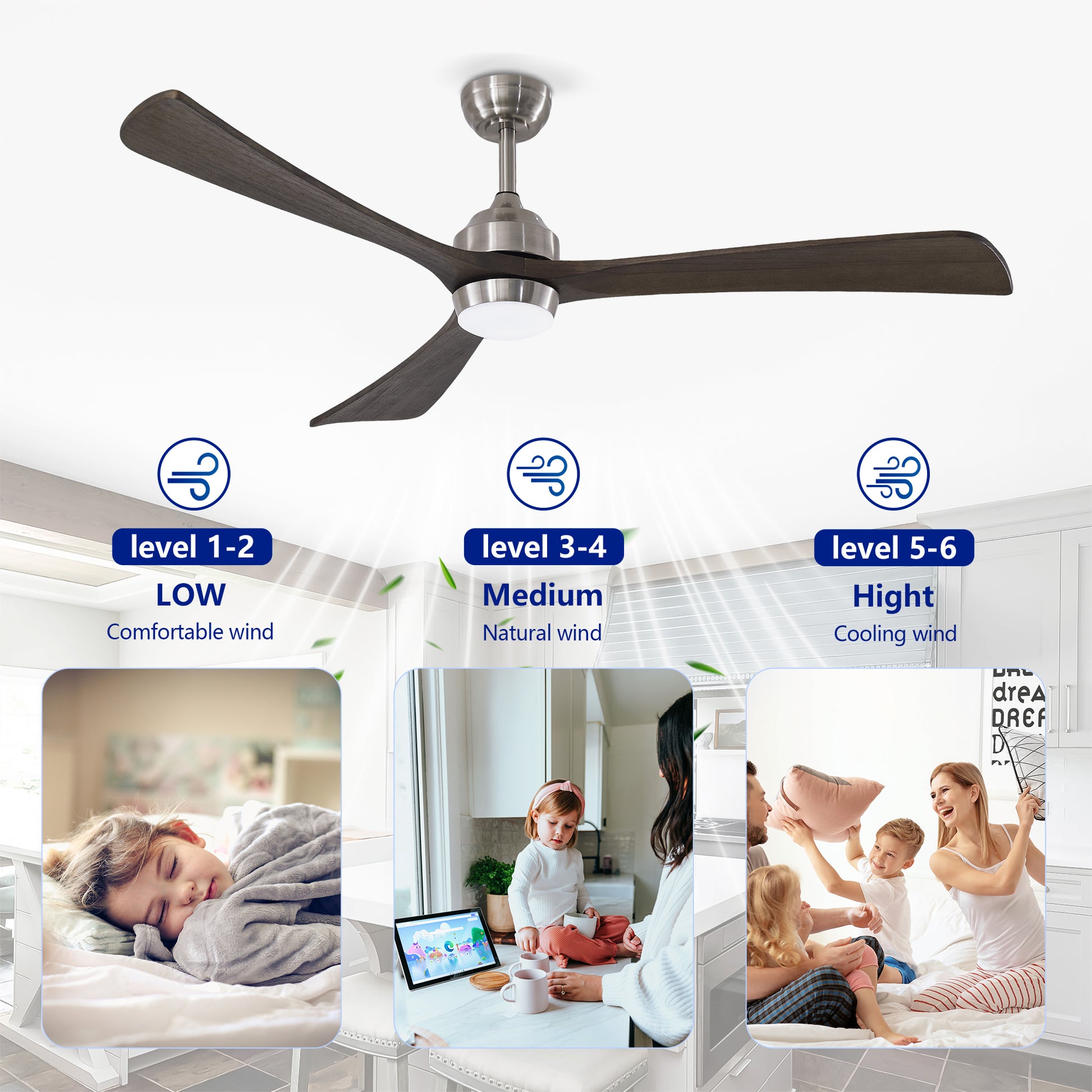 62" Satin Nickel Solid Wood Ceiling Fan with Light & Remote - view 12
