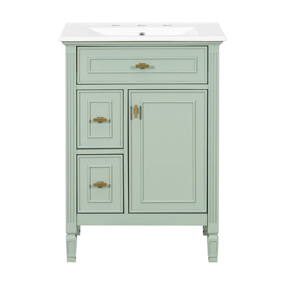 24" Green Bathroom Vanity with Ceramic Sink and Gold Knobs