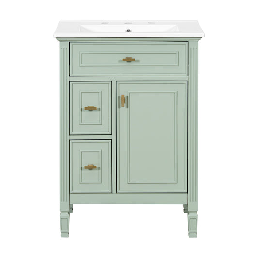 24" Green Bathroom Vanity with Ceramic Sink and Gold Knobs