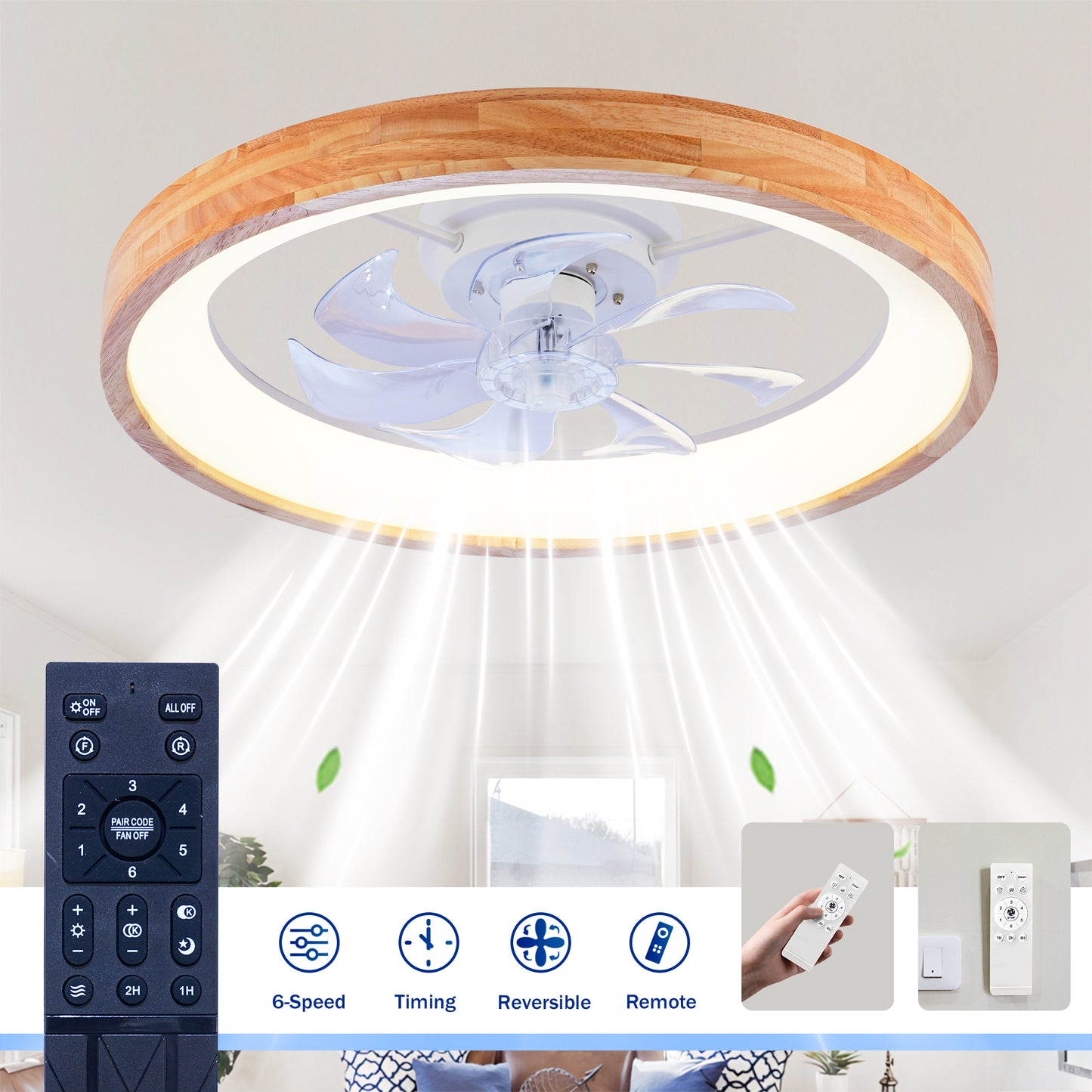 23.62" Wood Flush Mount Ceiling Fan with Dimmable LED - view 13