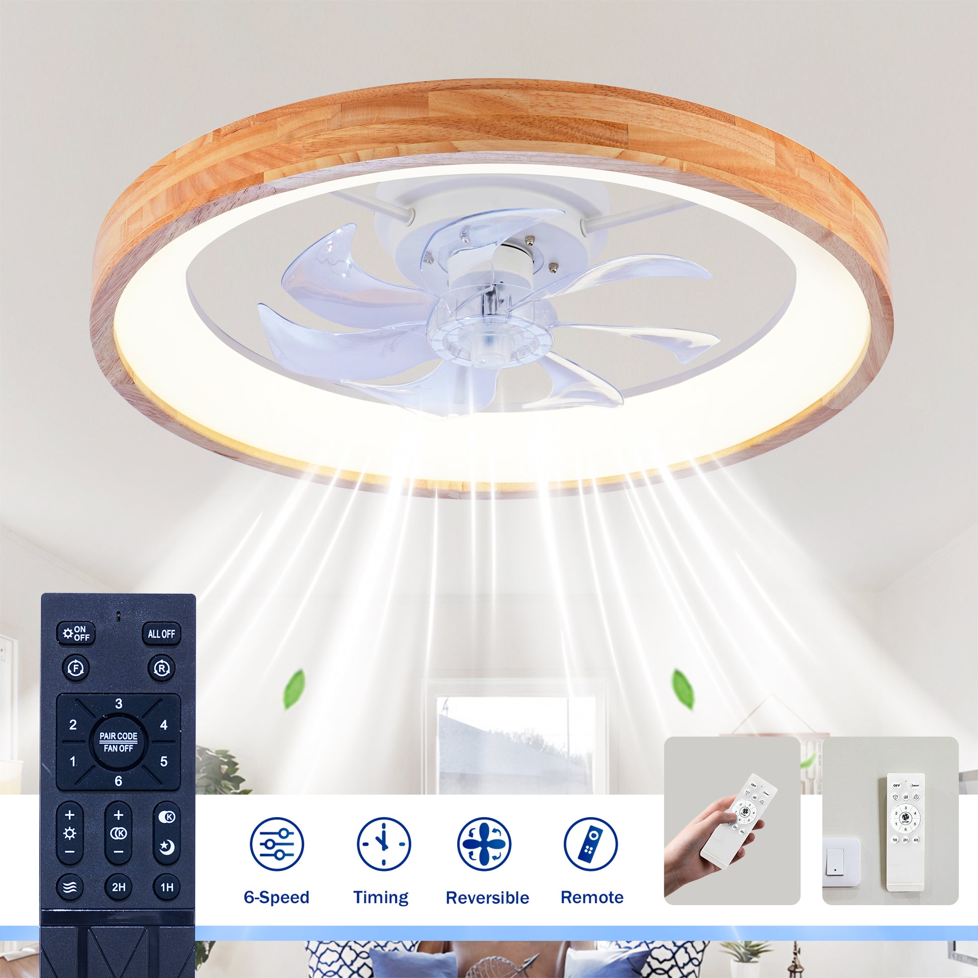 23.62" Wood Flush Mount Ceiling Fan with Dimmable LED - view 13