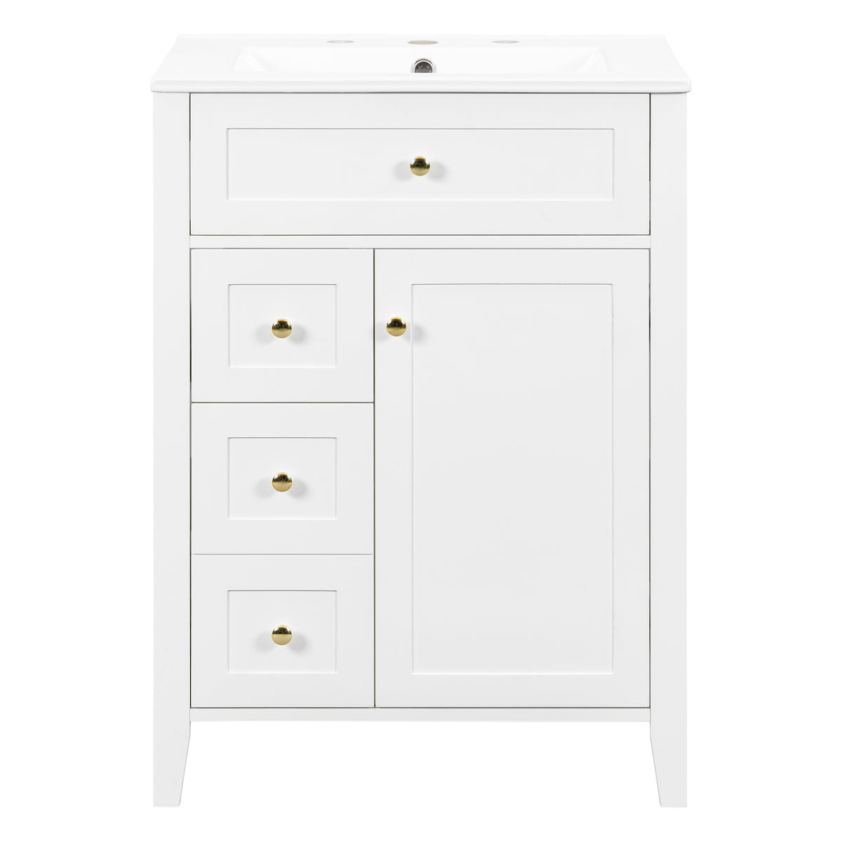24" White Bathroom Vanity with Sink, 3 Drawers & Gold Handles