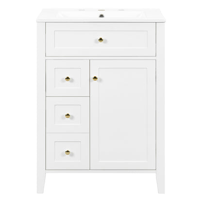 24" White Bathroom Vanity with Sink, 3 Drawers & Gold Handles