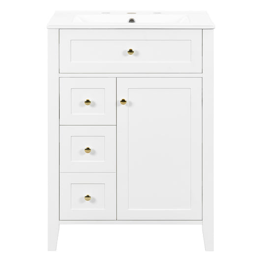 24" White Bathroom Vanity with Sink, 3 Drawers & Gold Handles
