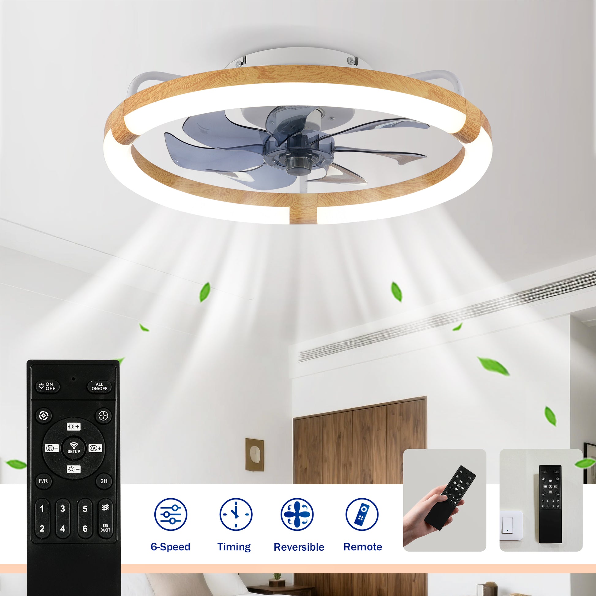 20" Matte White & Wood Ceiling Fan with Dimmable LED - view 9