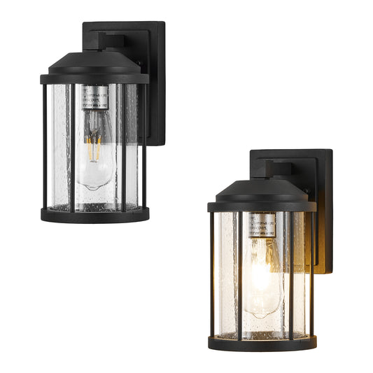 Black Outdoor Wall Light with Seeded Glass, Set of 2