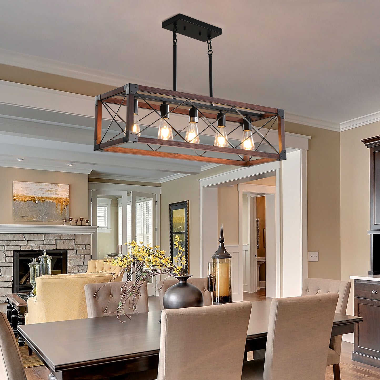 32" 5-Light Red Wood Farmhouse Rectangle Chandelier - view 6