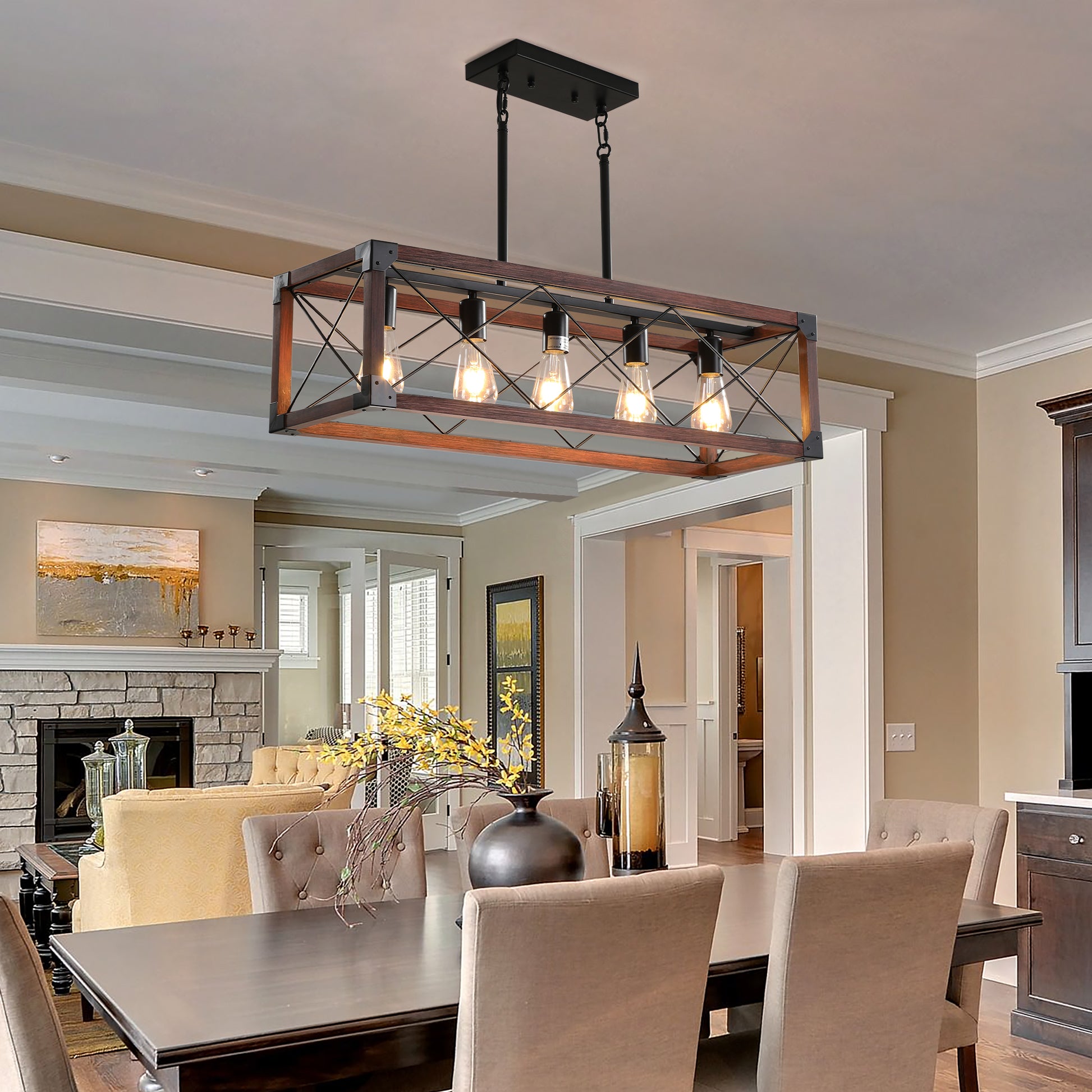 32" 5-Light Red Wood Farmhouse Rectangle Chandelier - view 6