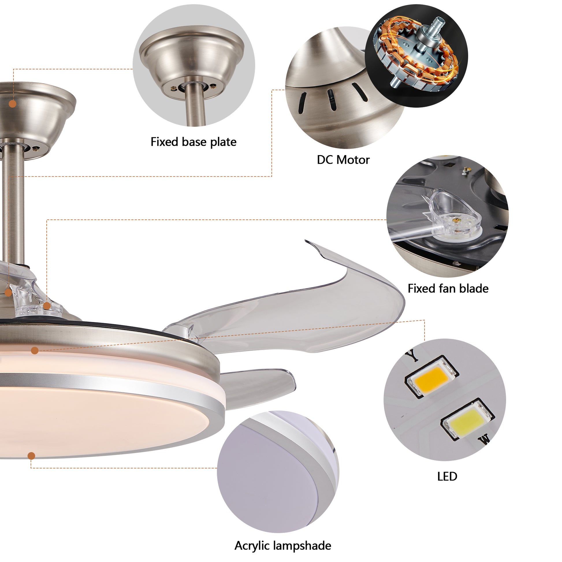 42" Chrome Retractable Blade Ceiling Fan with LED Light - view 6