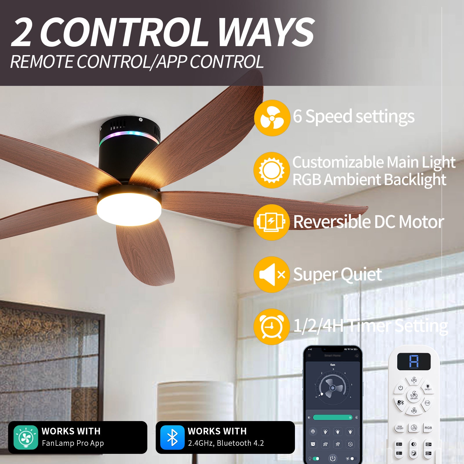 52" Matte Black 5-Blade Ceiling Fan with LED Light - view 3