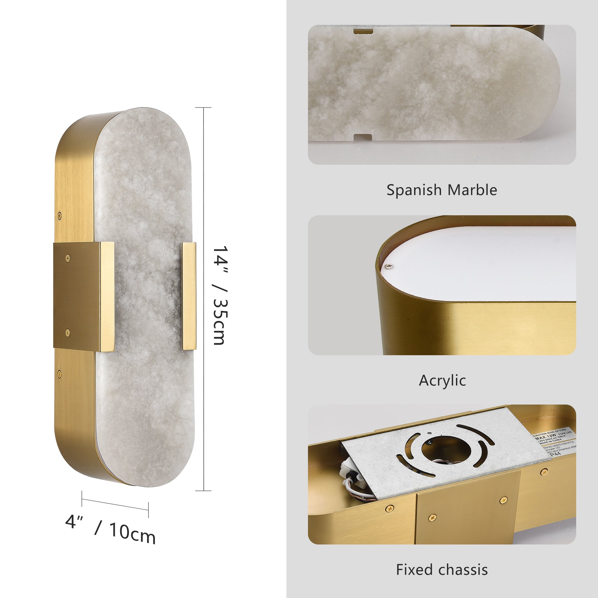 13.8" Natural Marble Gold Wall Sconce, Set of 2 - view 9