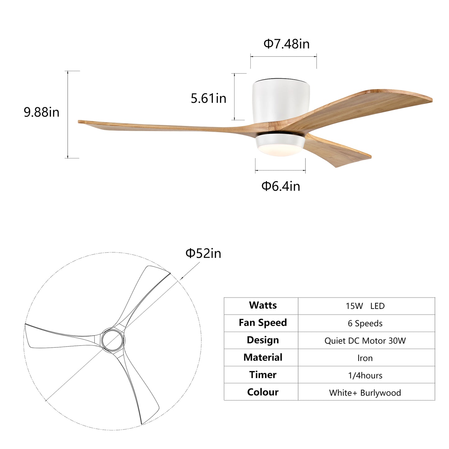52" Matte White & Natural Wood Ceiling Fan with Remote - view 6