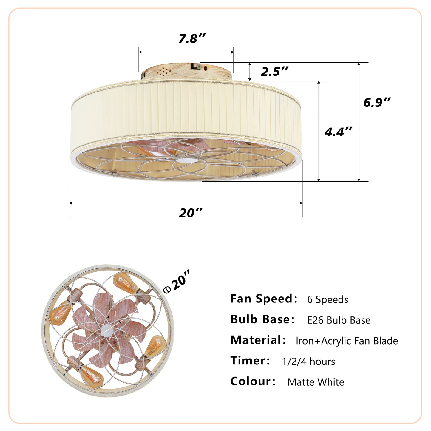 20" Matte White Fabric Farmhouse Bladeless Ceiling Fan - view 6