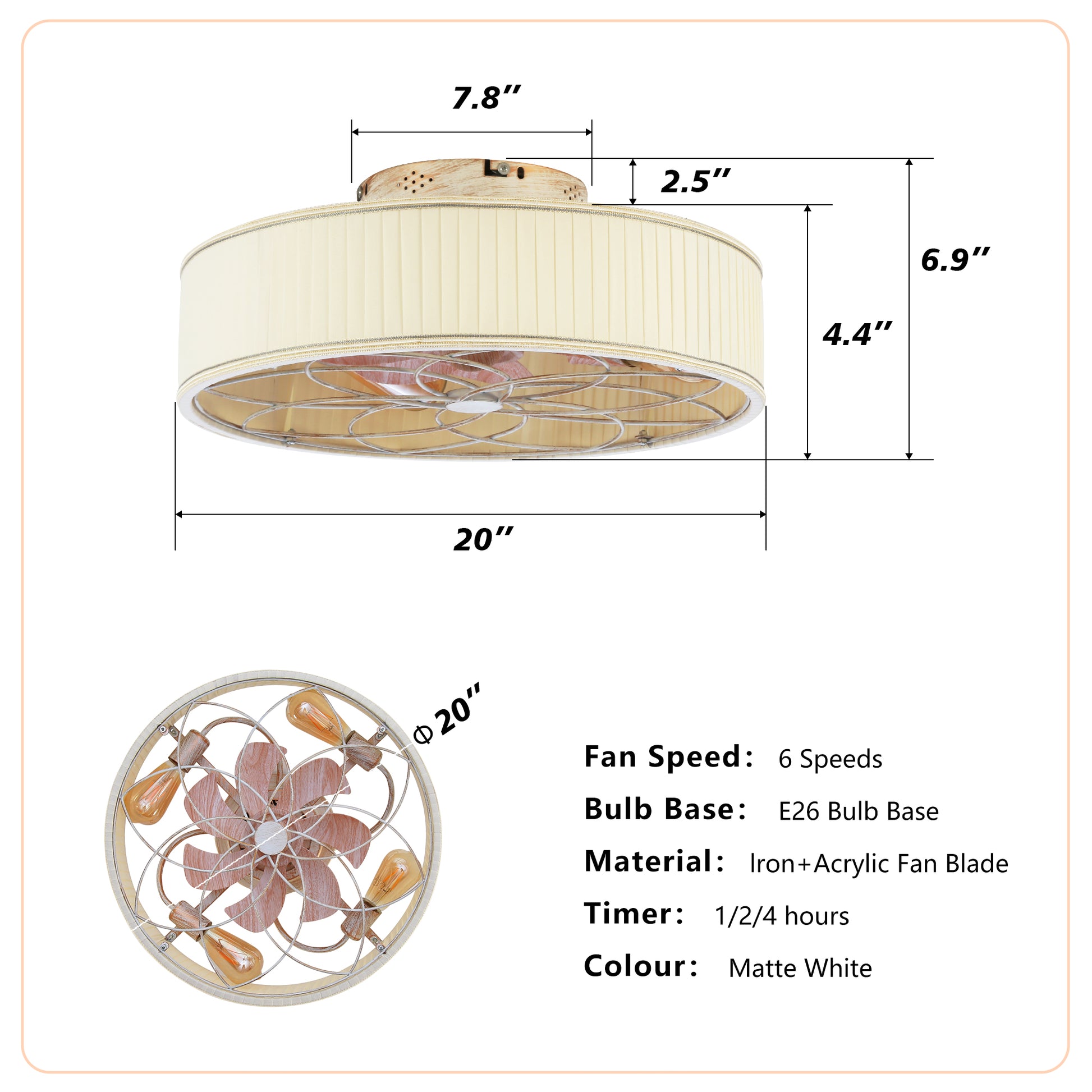 20" Matte White Fabric Farmhouse Bladeless Ceiling Fan - view 6