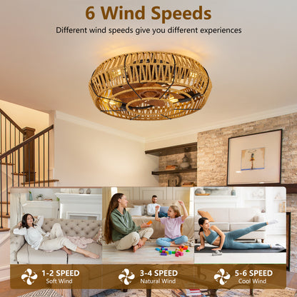 19" Black Caged Boho Flush Mount Ceiling Fan with Remote - view 3
