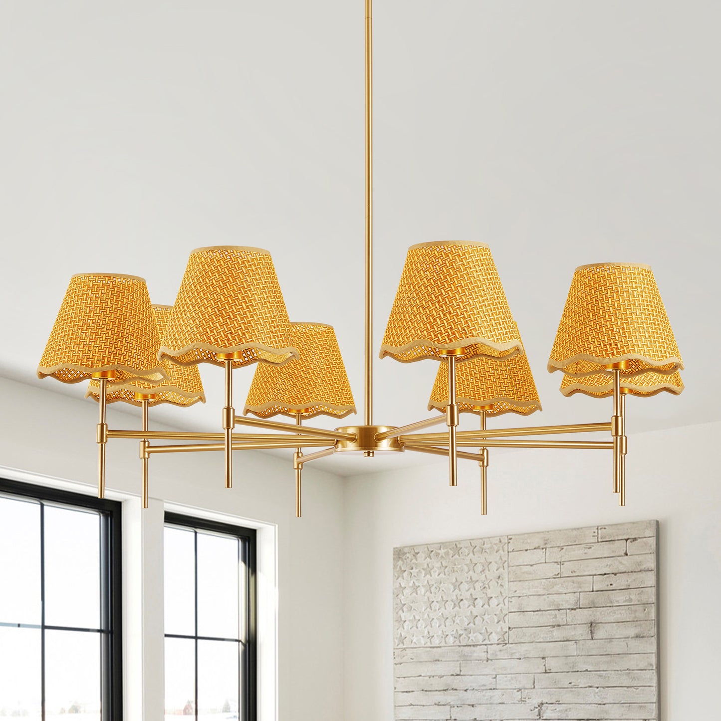 38.6" 8-Light Gold Rattan Farmhouse Chandelier