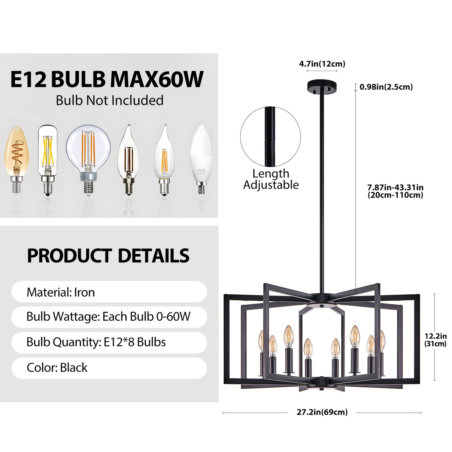 27" 8-Light Black Geometric Chandelier - view 9