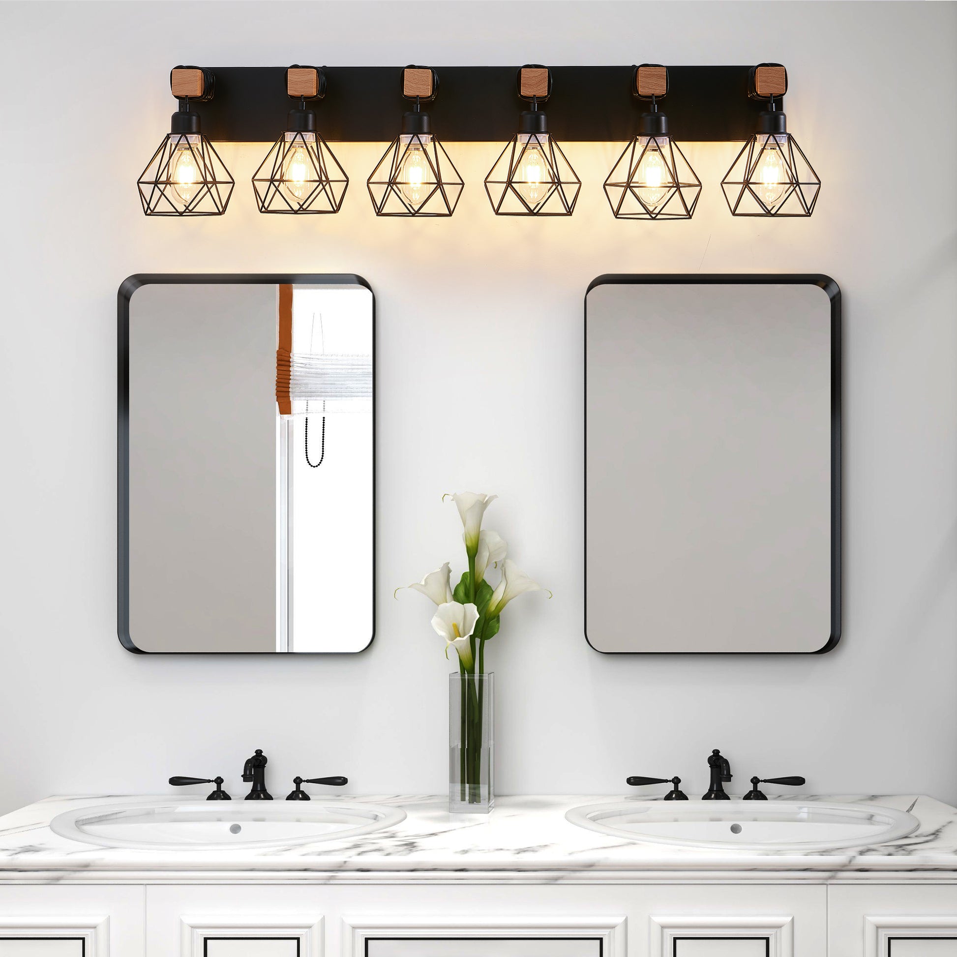 38" 6-Light Black Geometric Cage Vanity Light