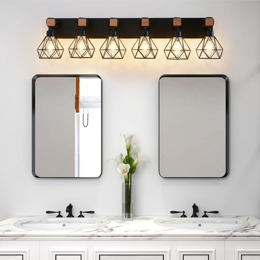 38" 6-Light Black Geometric Cage Vanity Light