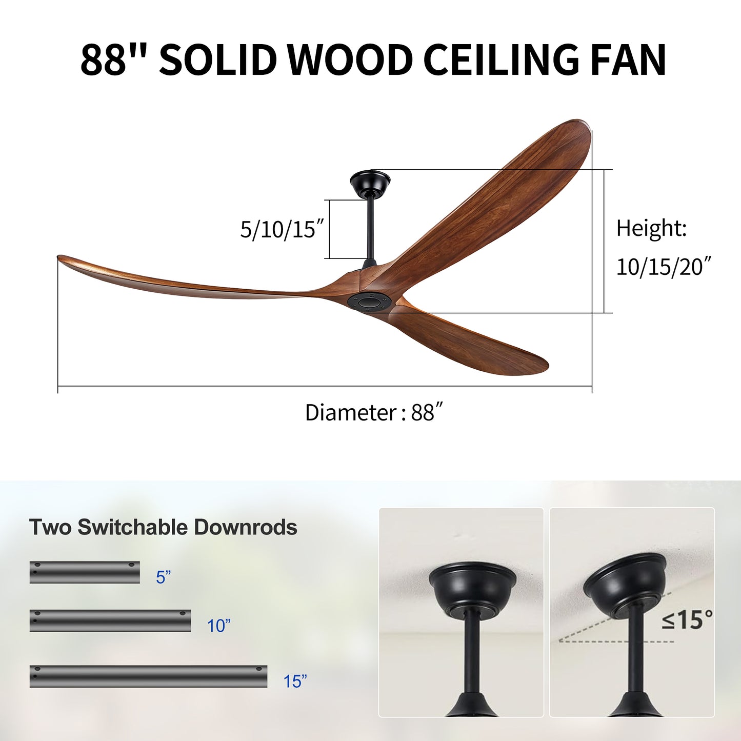 88" Matte Black Solid Wood Ceiling Fan with Remote - view 5
