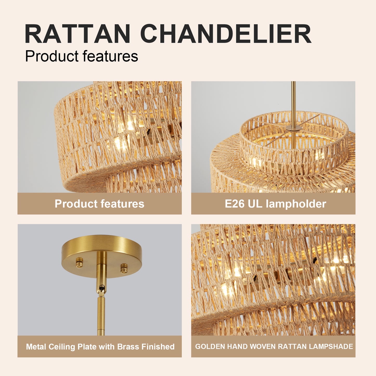 17.7" 4-Light Boho Rattan Woven Chandelier - view 6