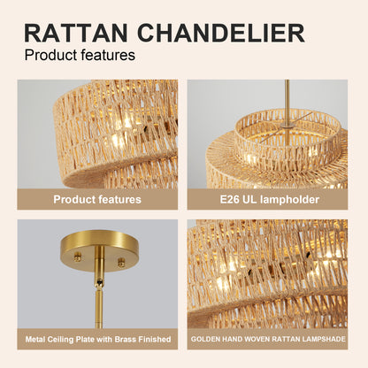 17.7" 4-Light Boho Rattan Woven Chandelier - view 6