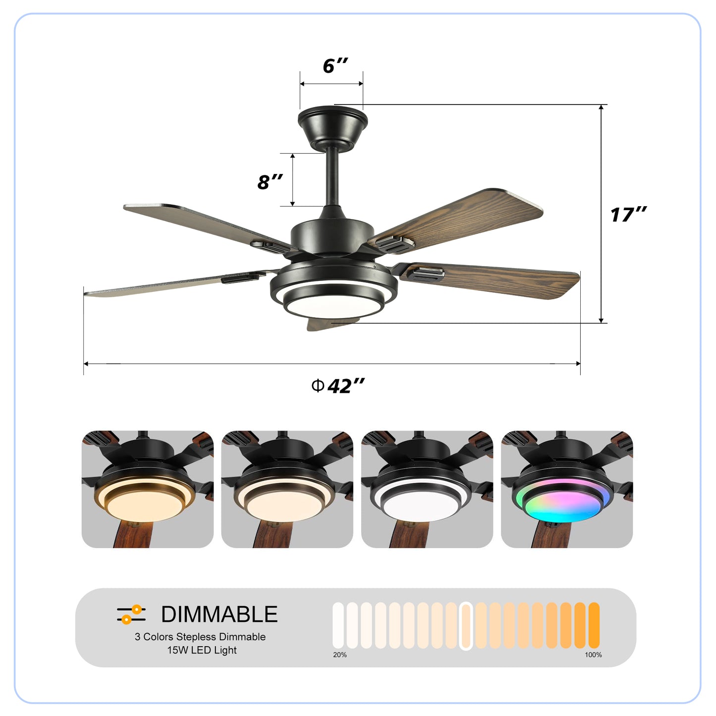 42" Matte Black Ceiling Fan with Dimmable LED Light - view 7