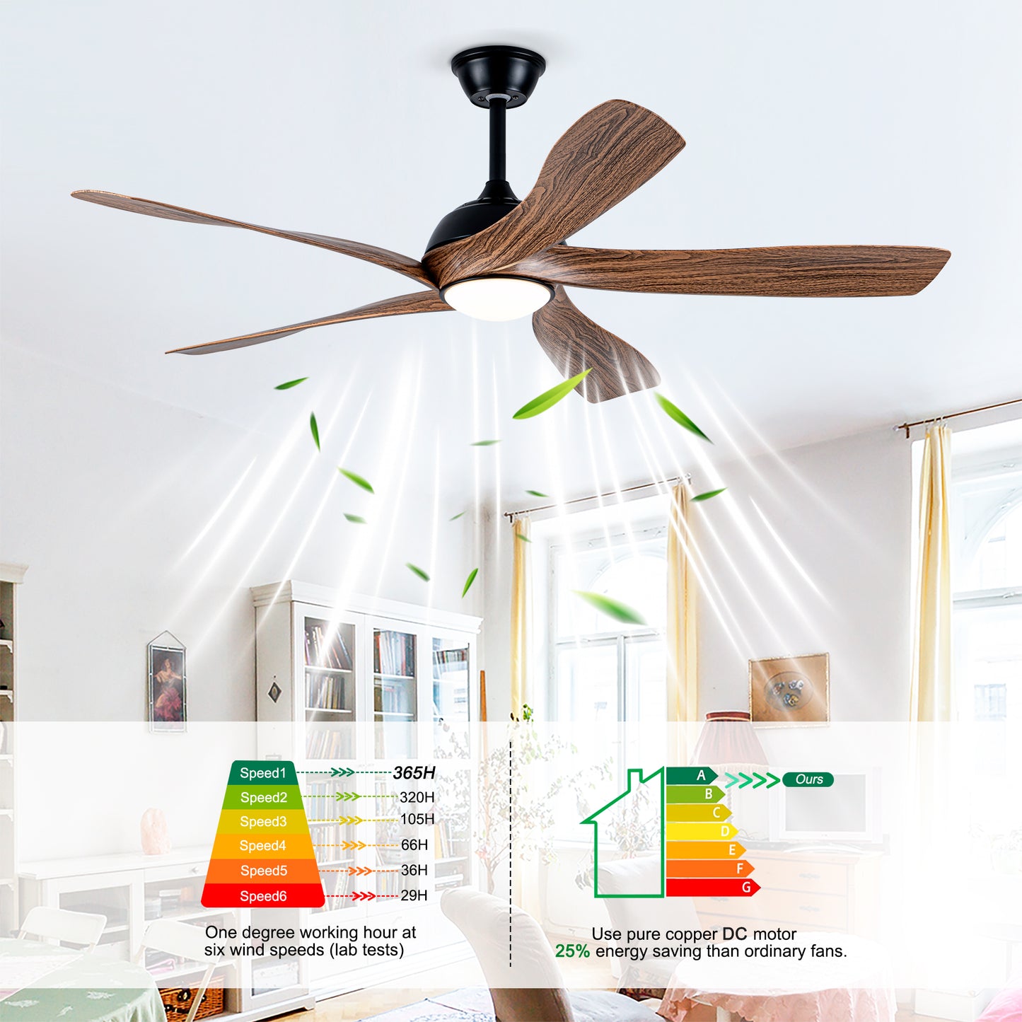 56" Matte Black & Wood Ceiling Fan with LED Light - view 12