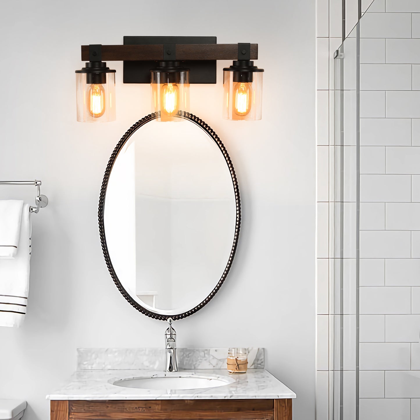 19" 3-Light Walnut Farmhouse Vanity Light with Glass Shades - view 13
