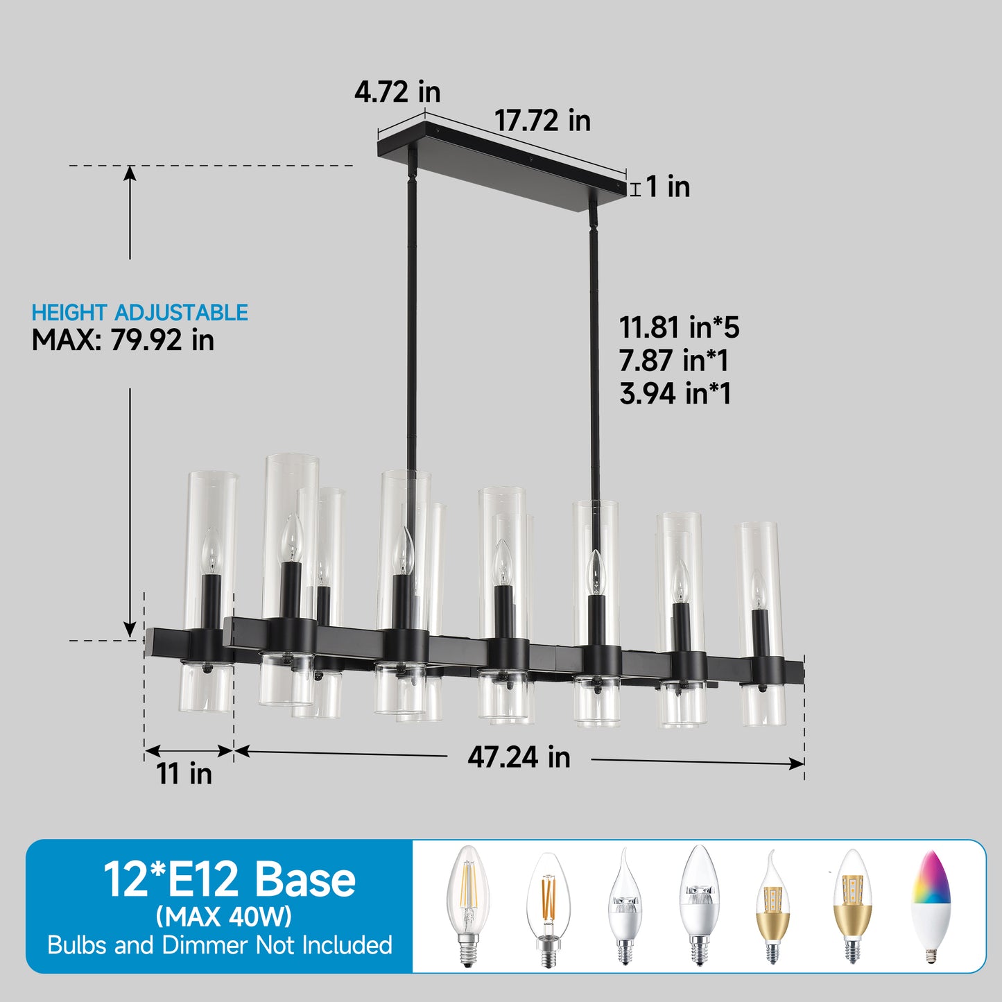 12-Light Black Linear Farmhouse Chandelier with Clear Glass - view 7