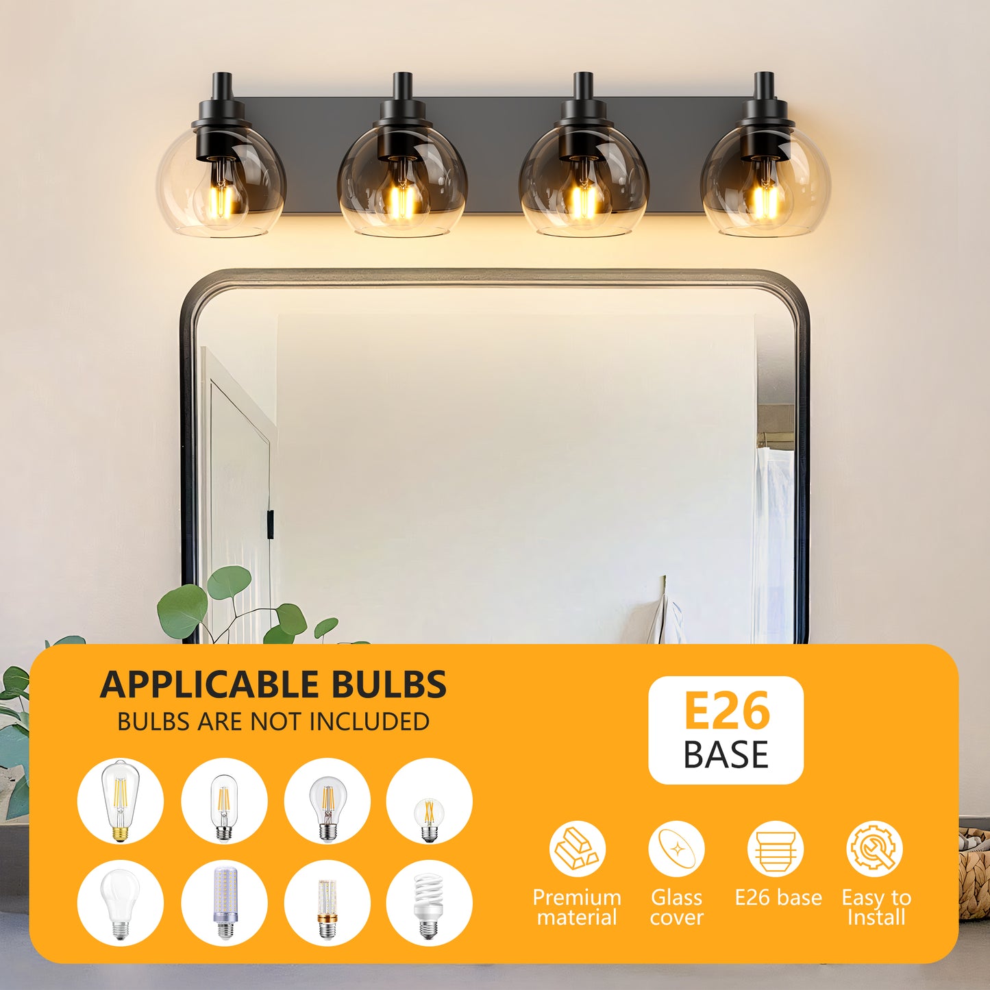 4-Light Matte Black Industrial Vanity Light with Globe Glass - view 7