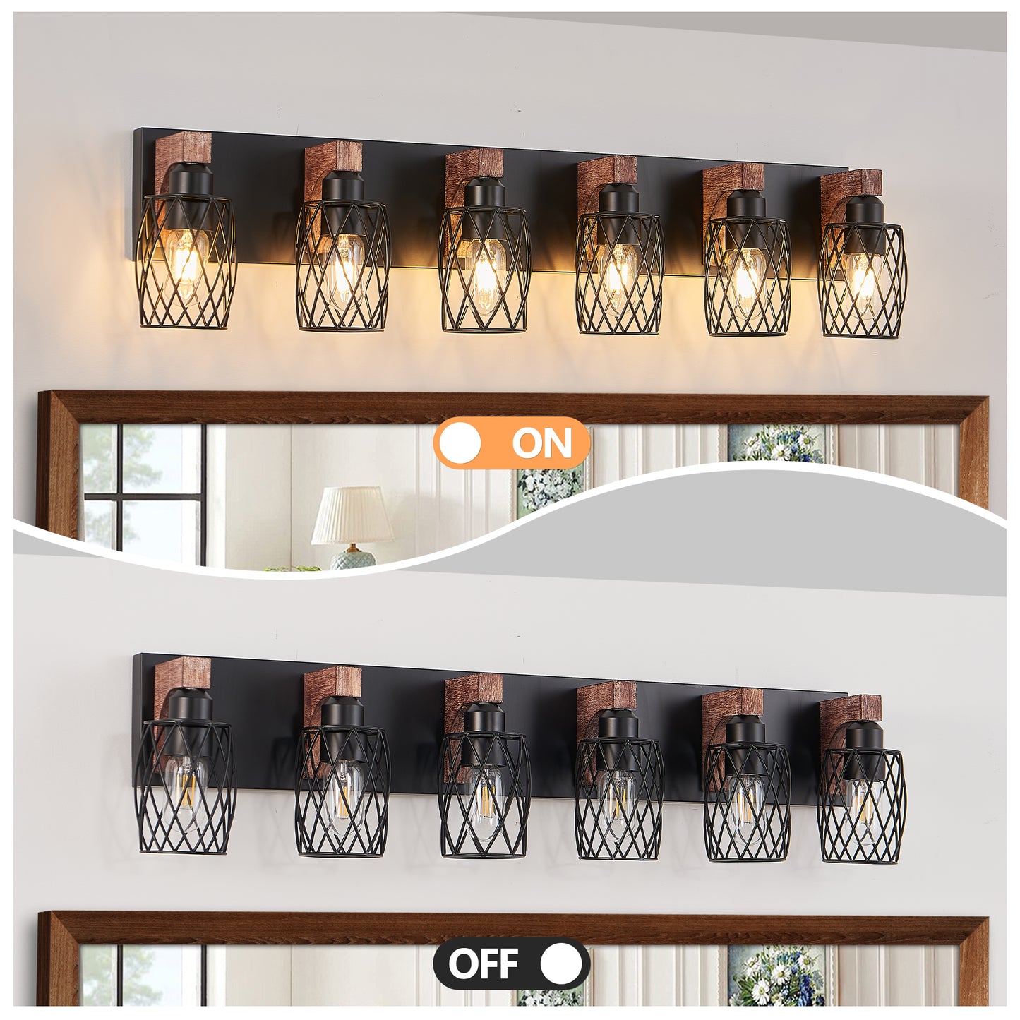 38" 6-Light Caged Industrial Wall Light with Wood Accents - view 6