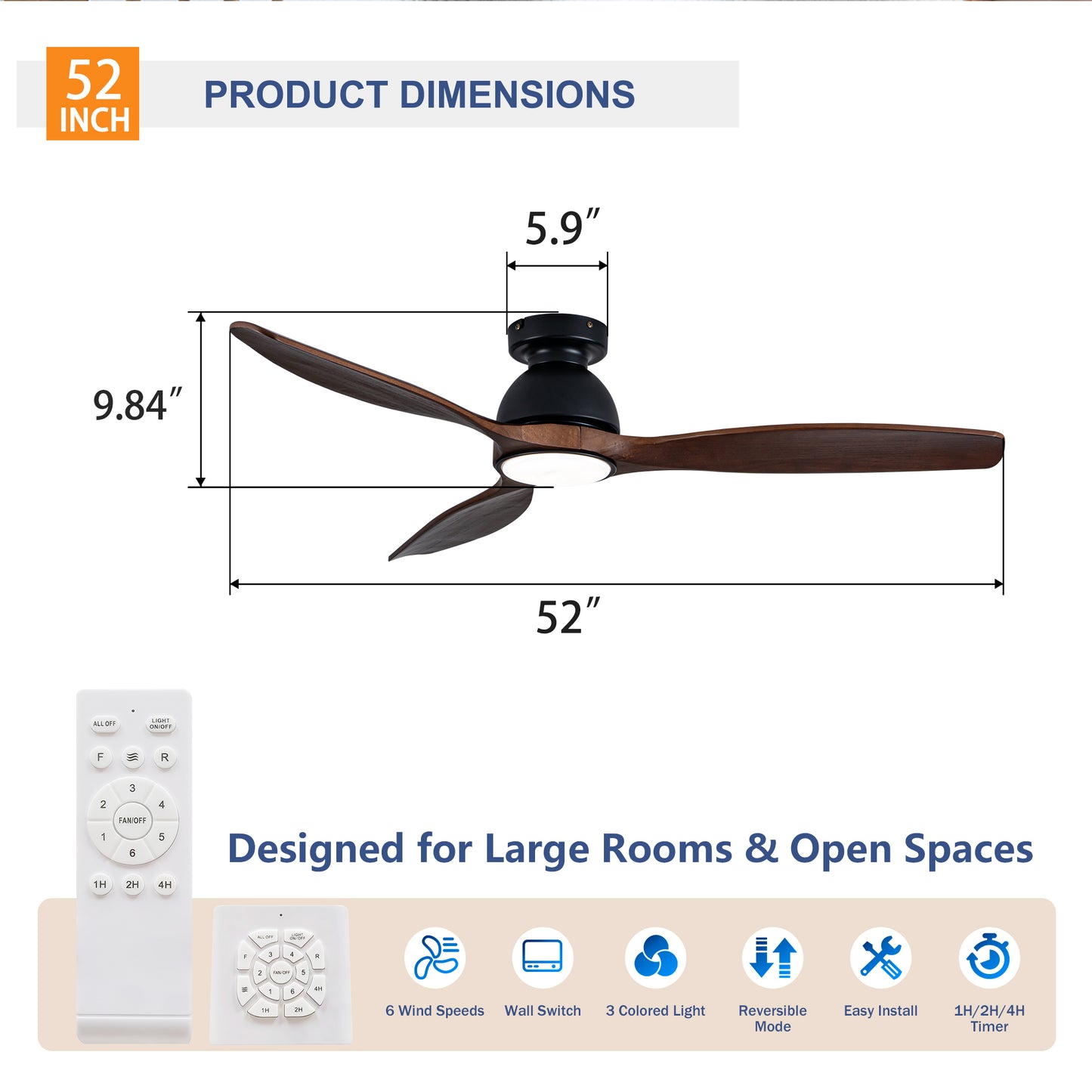 52" Matte Black Flush Mount Wood Ceiling Fan with Remote - view 7
