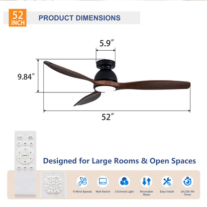 52" Matte Black Flush Mount Wood Ceiling Fan with Remote - view 7