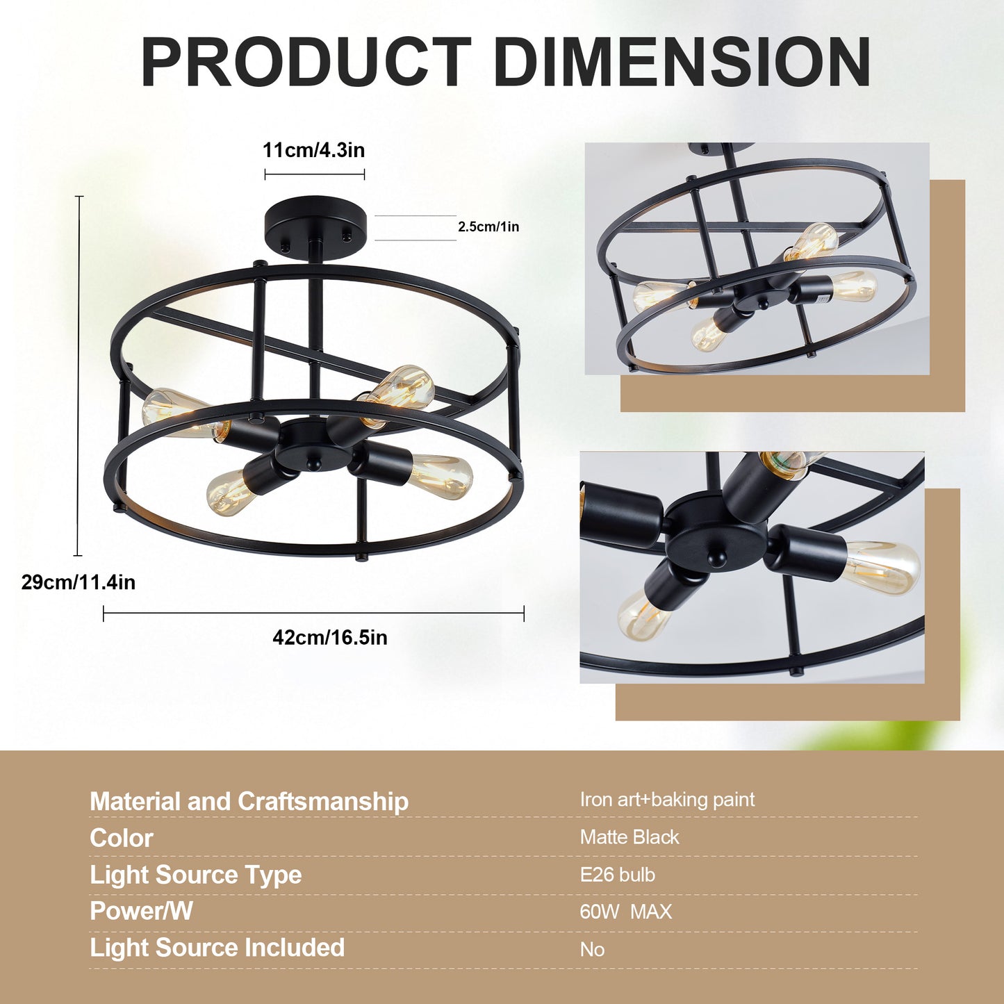 4-Light Black Industrial Semi Flush Mount Chandelier - view 7