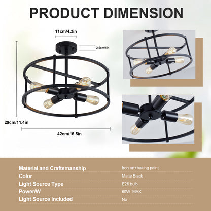 4-Light Black Industrial Semi Flush Mount Chandelier - view 7