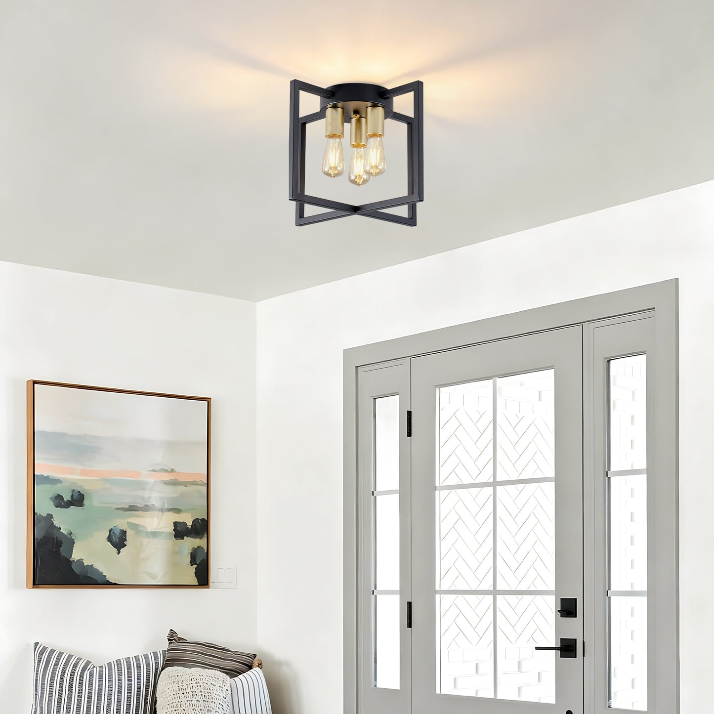 3-Light Black & Gold Geometric Semi Flush Chandelier - view 3