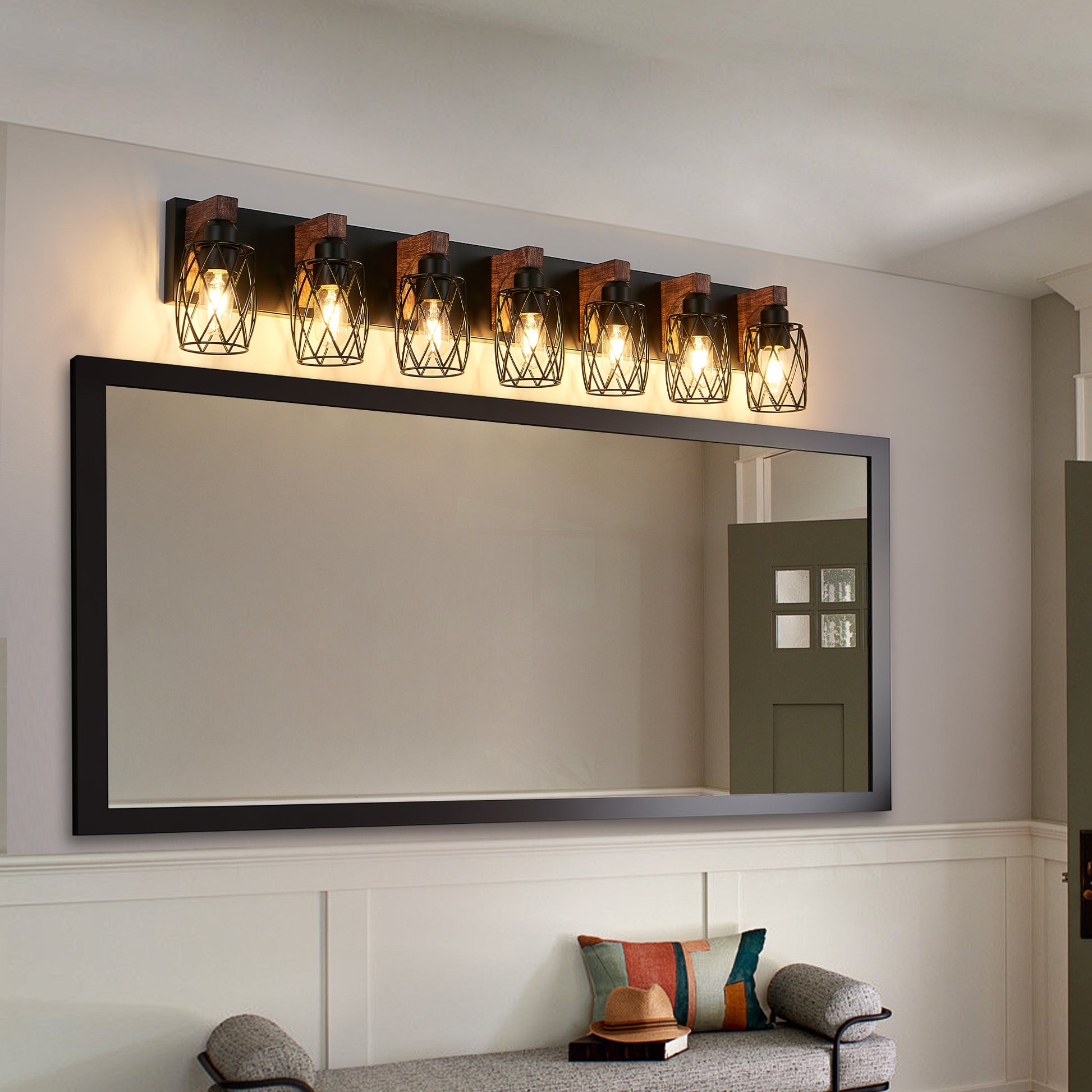 7-Light Black Caged Wall Sconce with Wood Accents - view 5