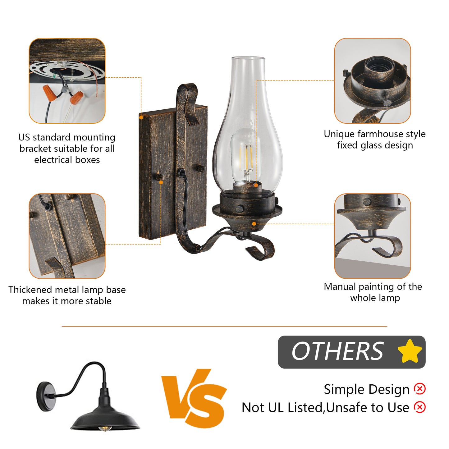 Farmhouse Black & Gold Wall Light with Clear Glass, Set of 2 - view 8