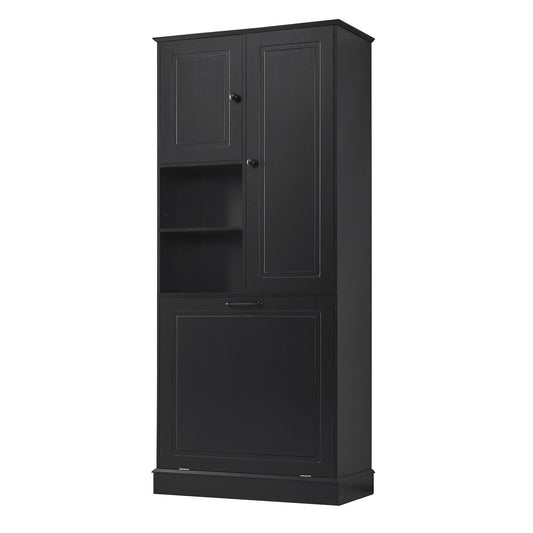 68" Black Tall Storage Cabinet with Flip-Out Basket