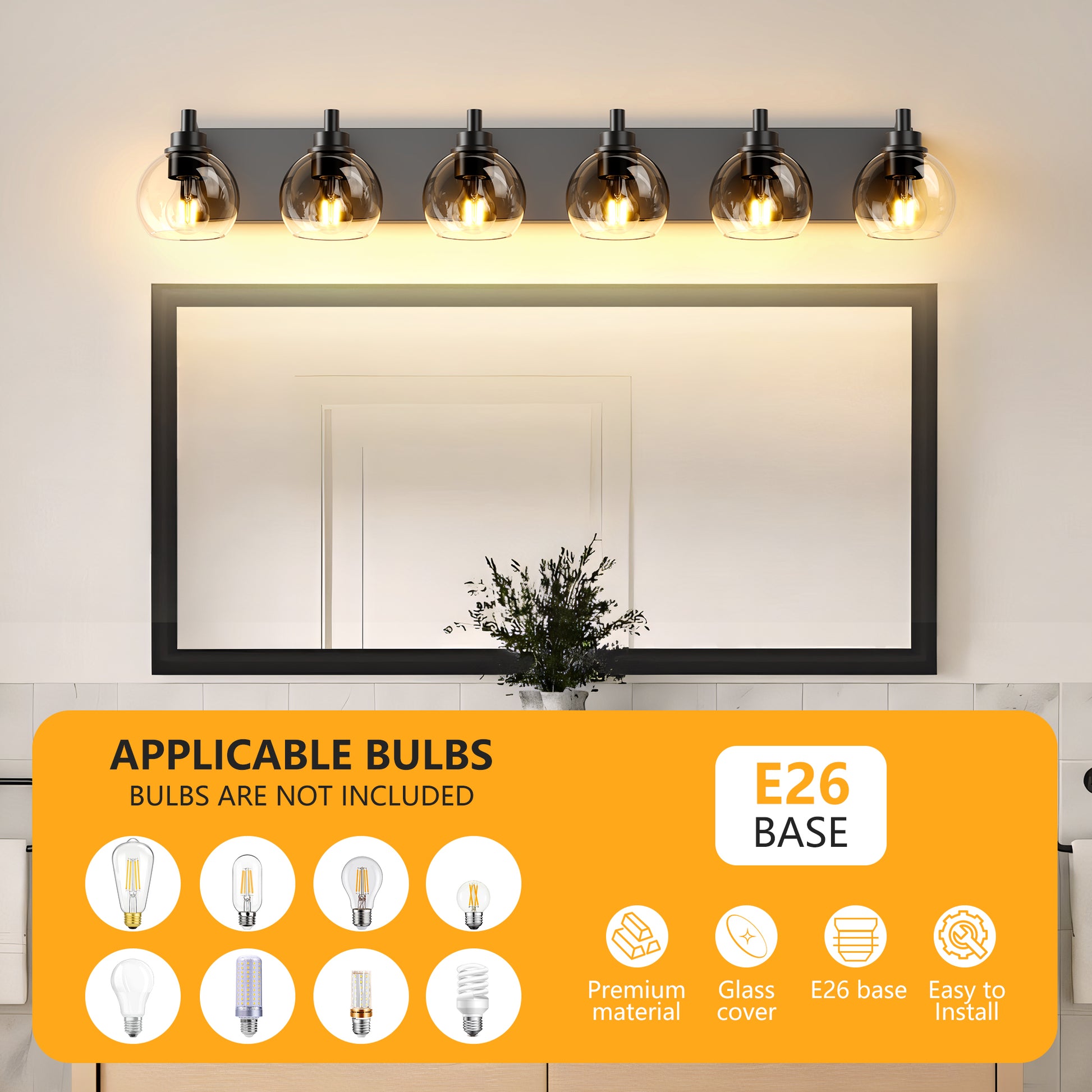 6-Light Black Farmhouse Vanity Light with Glass Shade - view 6