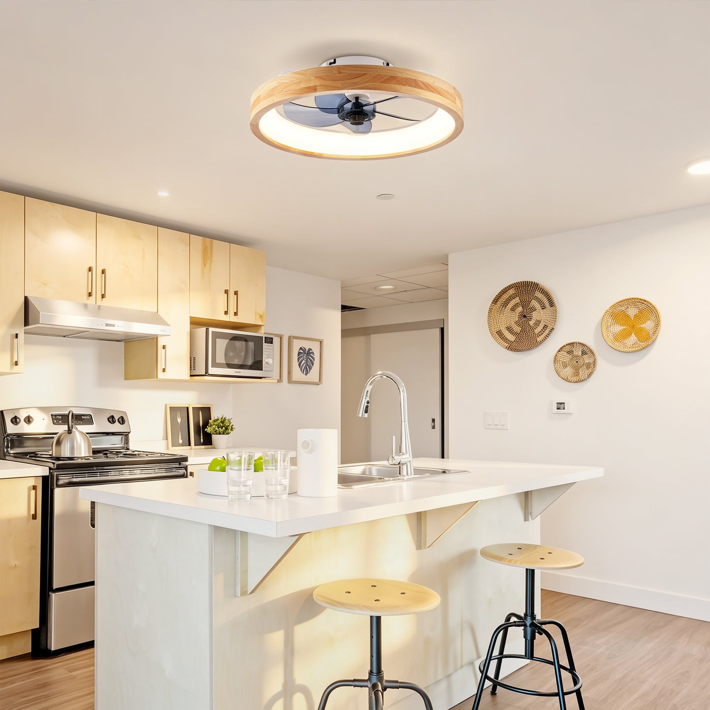 20" Wood & White Flush Mount Ceiling Fan with Dimmable LED - view 4