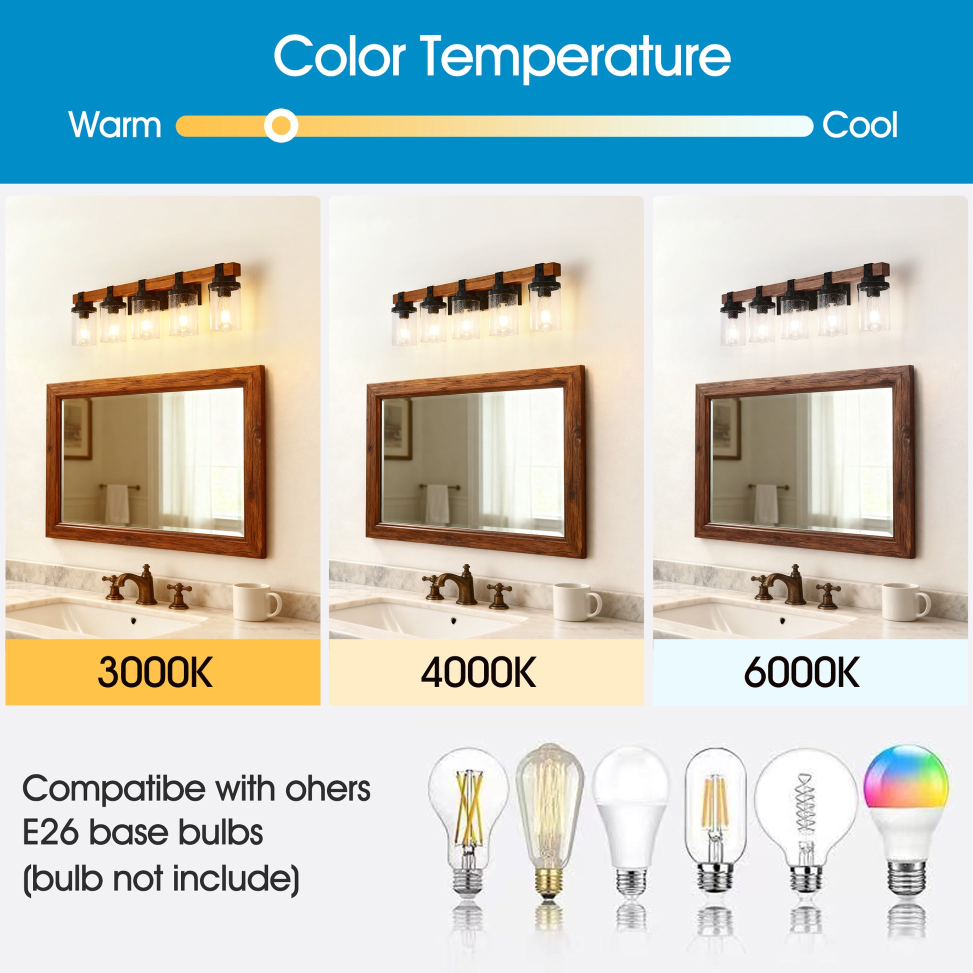 5-Light Matte Black & Wood Wall Light with Glass Shades - view 8