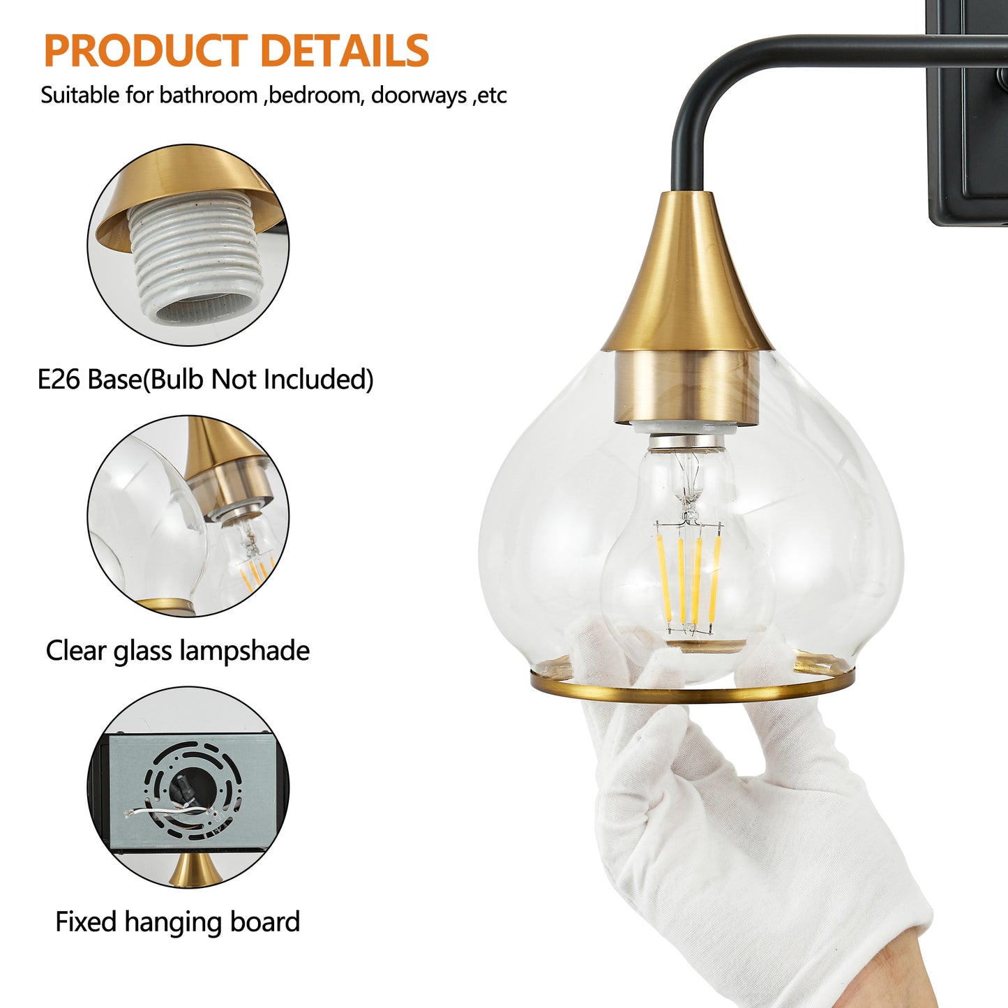 23" 3-Light Black & Gold Vanity Light with Clear Glass - view 7