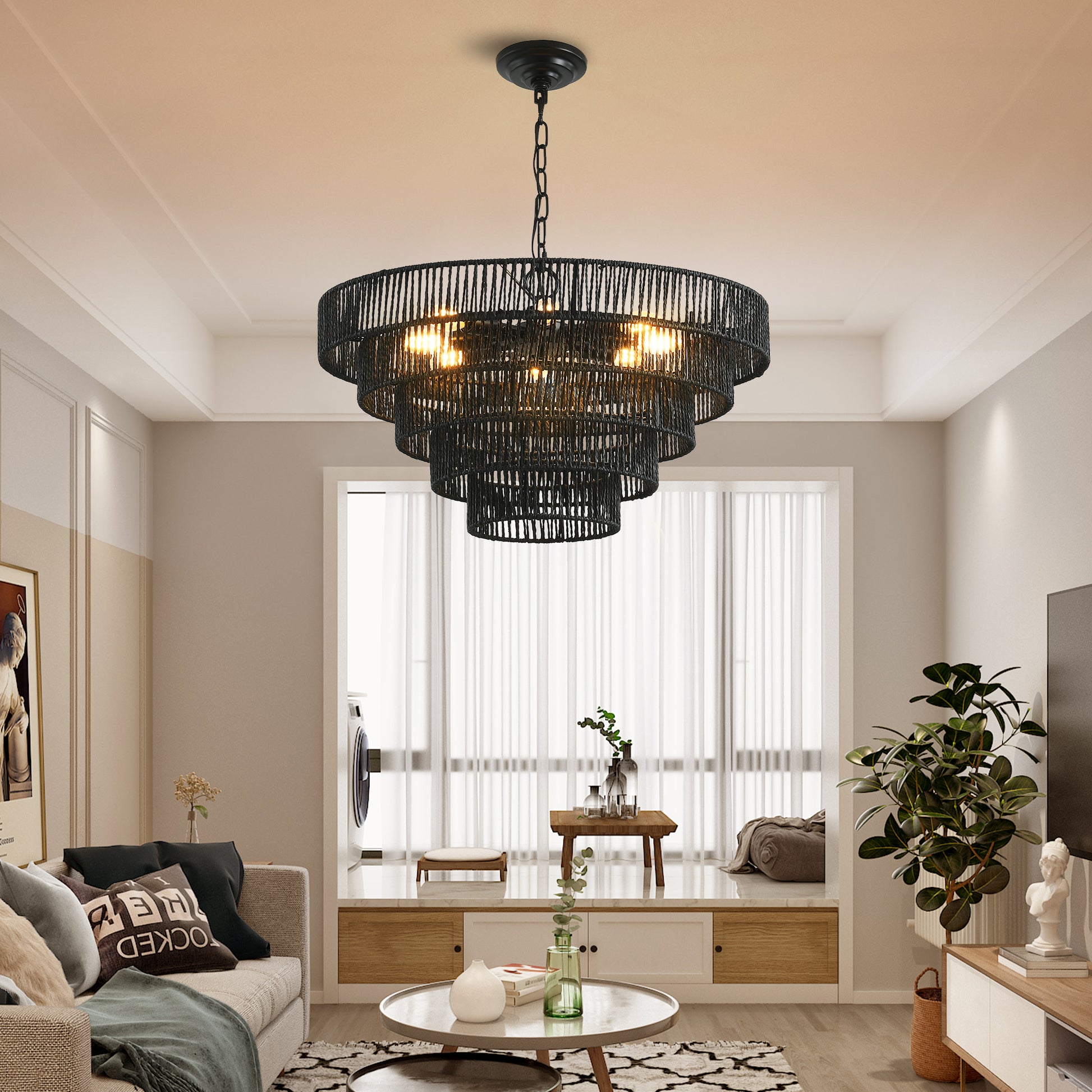 24" 5-Tier Black Hemp Rope Chandelier, 8-Light - view 3