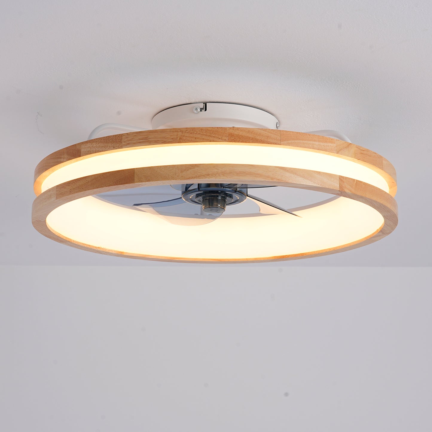 Natural Wood & White Flush Mount Ceiling Fan with Dimmable LED - view 24